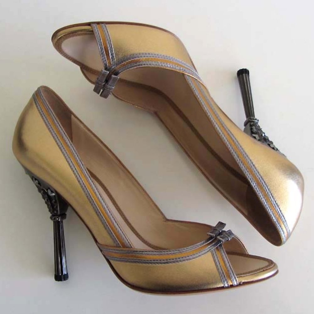 PRADA jeweled heel gold peep-toe pumps 40 / 10 US - Picture 6 of 8